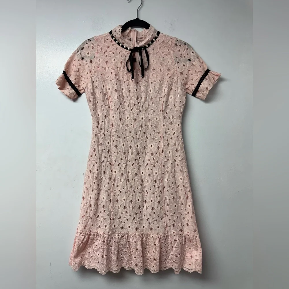 Urban Style Jun Pink Lace Eyelet Mini Dress M Black Bow Coquette Balletcore Y - Picture 3 of 7